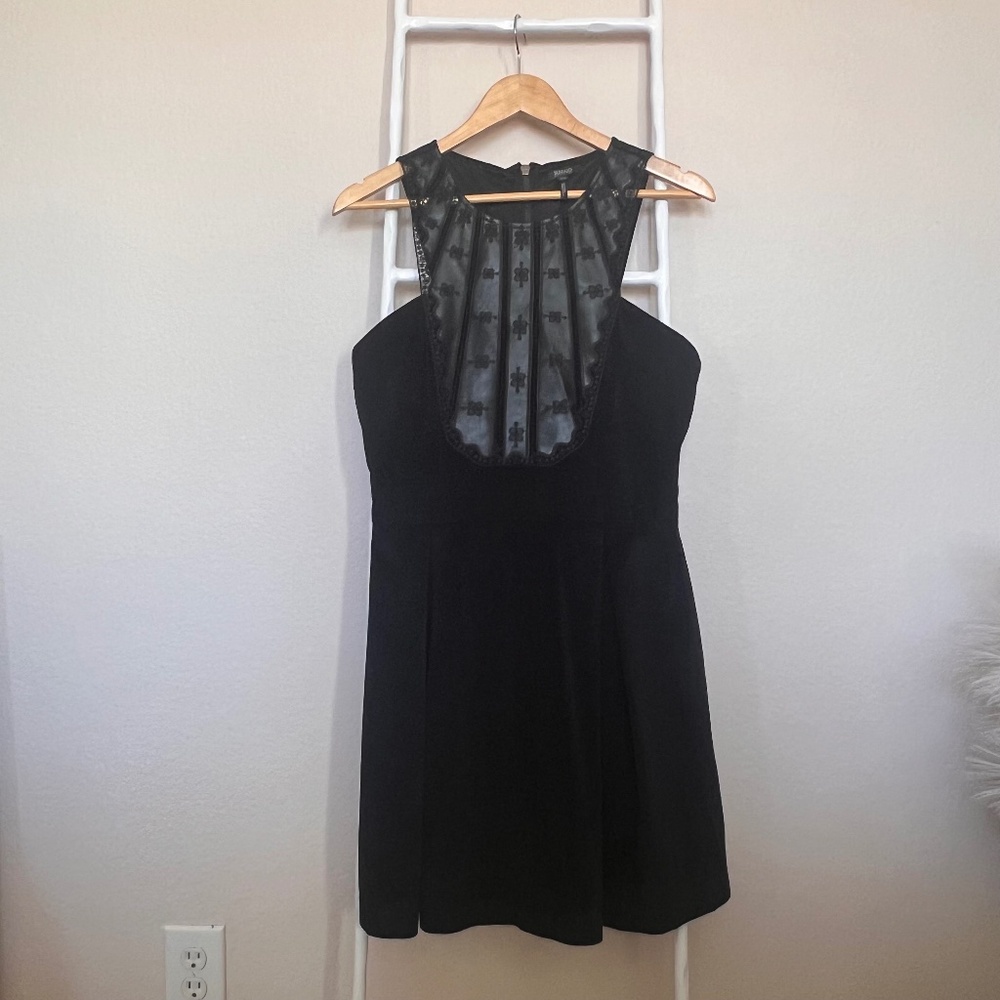 Buffalo David Bitton Black Faux Leather & Suede Dress Medium Lace Panel Fit Flar